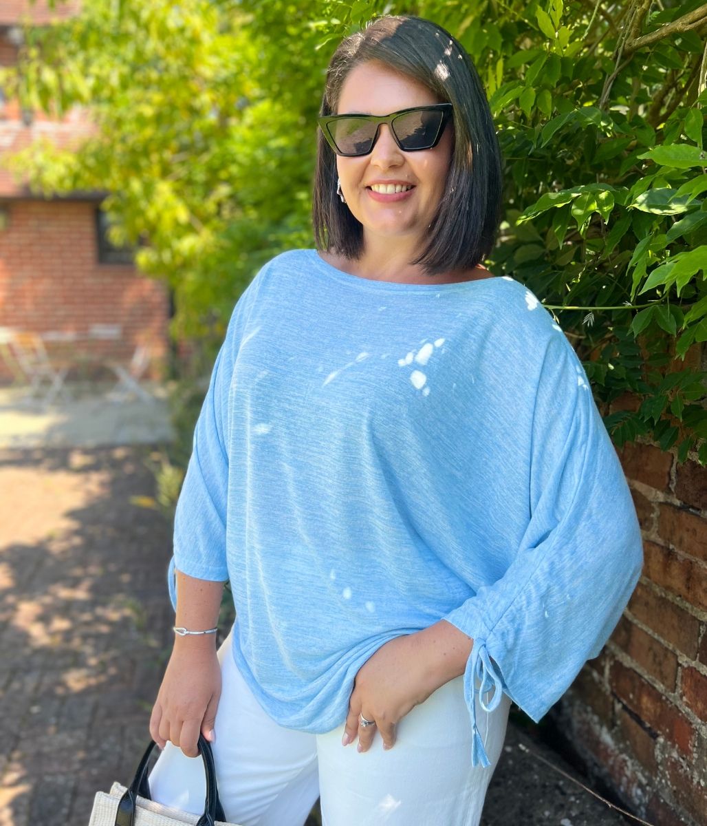 Blue Ruched Sleeve Top