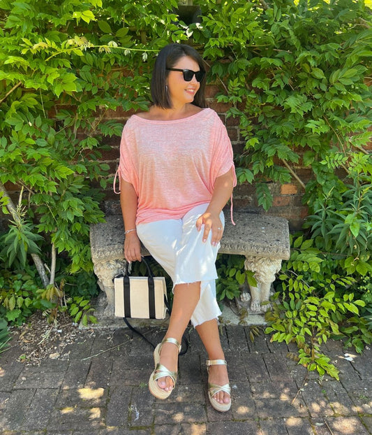 Coral Ruched Sleeve Top