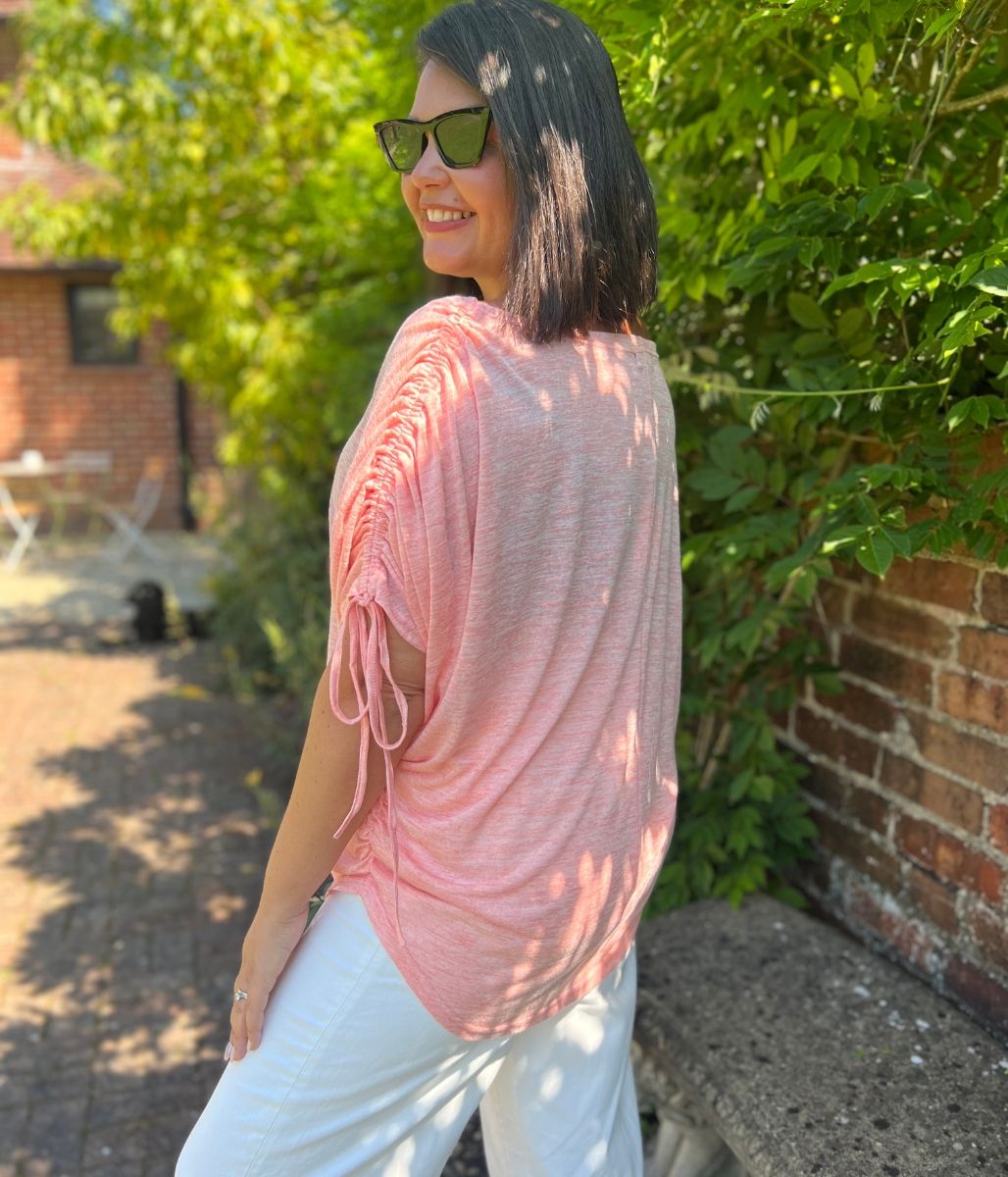Coral Ruched Sleeve Top