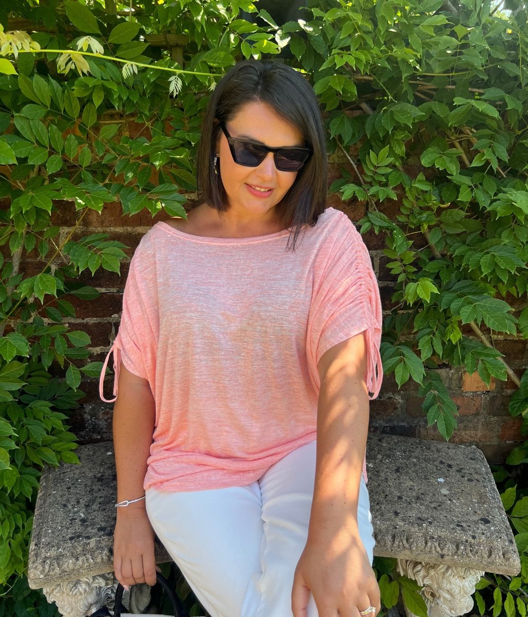 Coral Ruched Sleeve Top