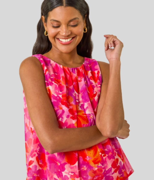 Pink Floral Double Layered Pleated Top