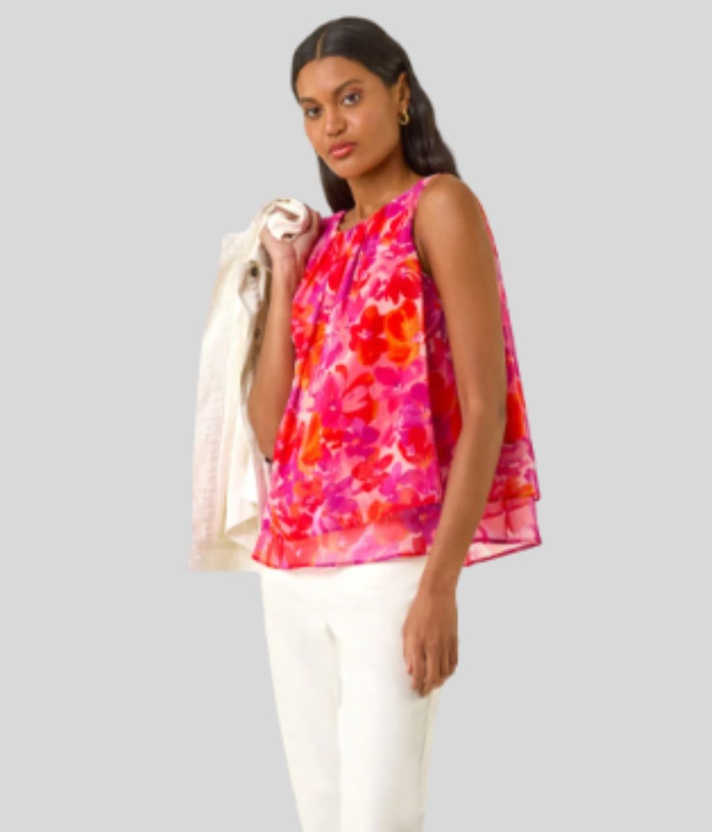 Pink Floral Double Layered Pleated Top