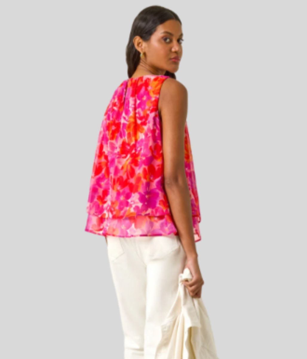 Pink Floral Double Layered Pleated Top