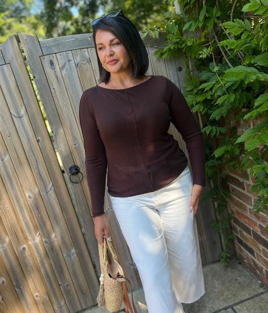 Brown Lyocell Blend Ribbed Top