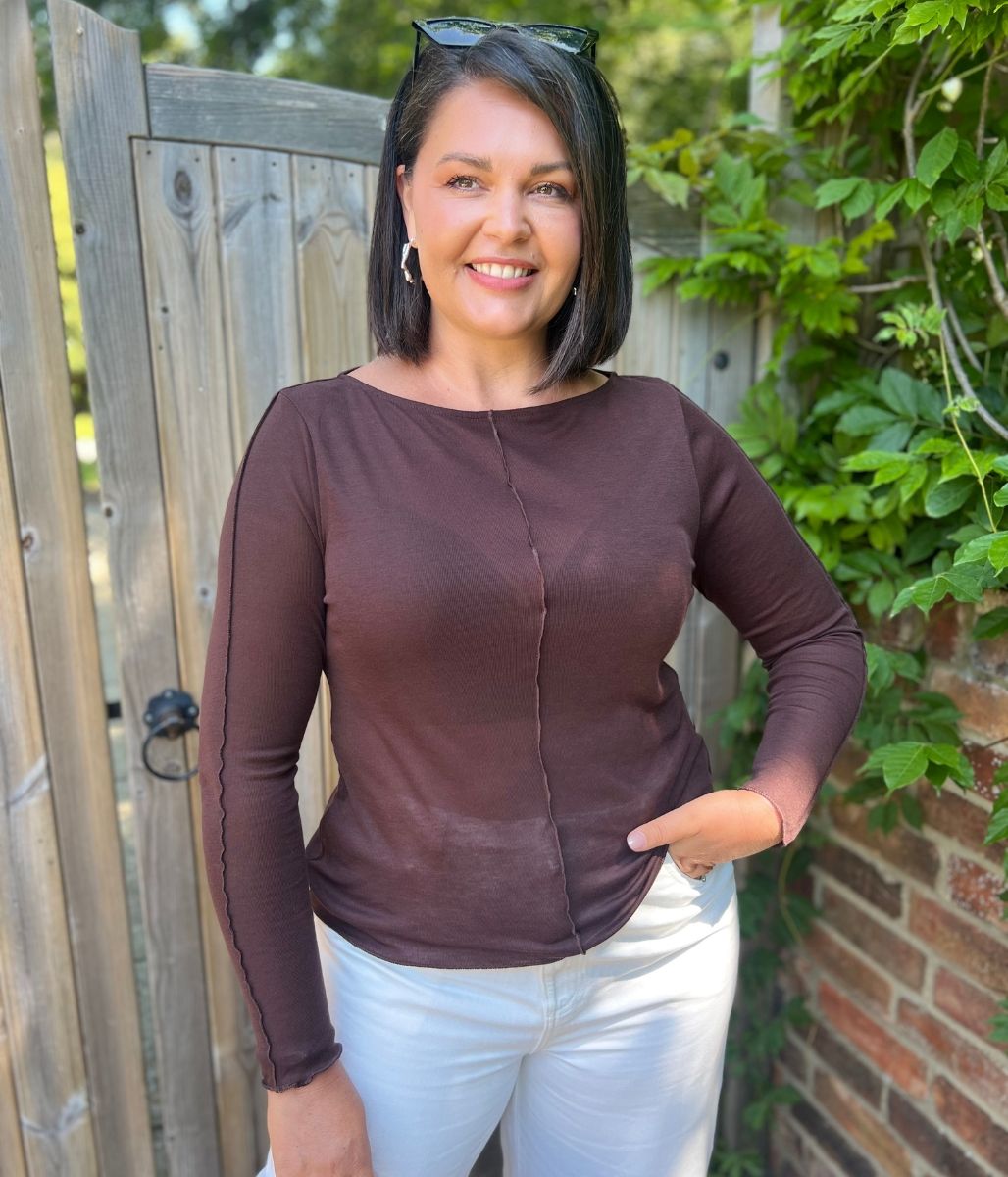 Brown Lyocell Blend Ribbed Top