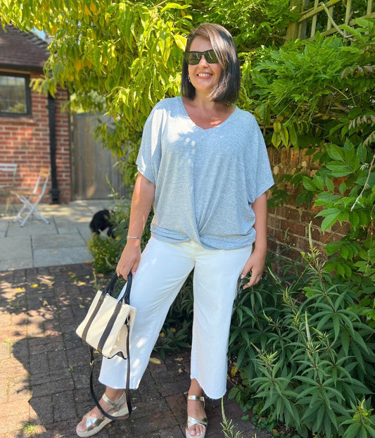 Grey V Neck Twist Front Top