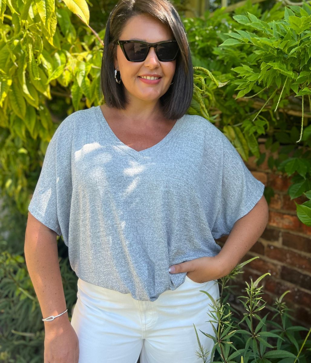 Grey V Neck Twist Front Top