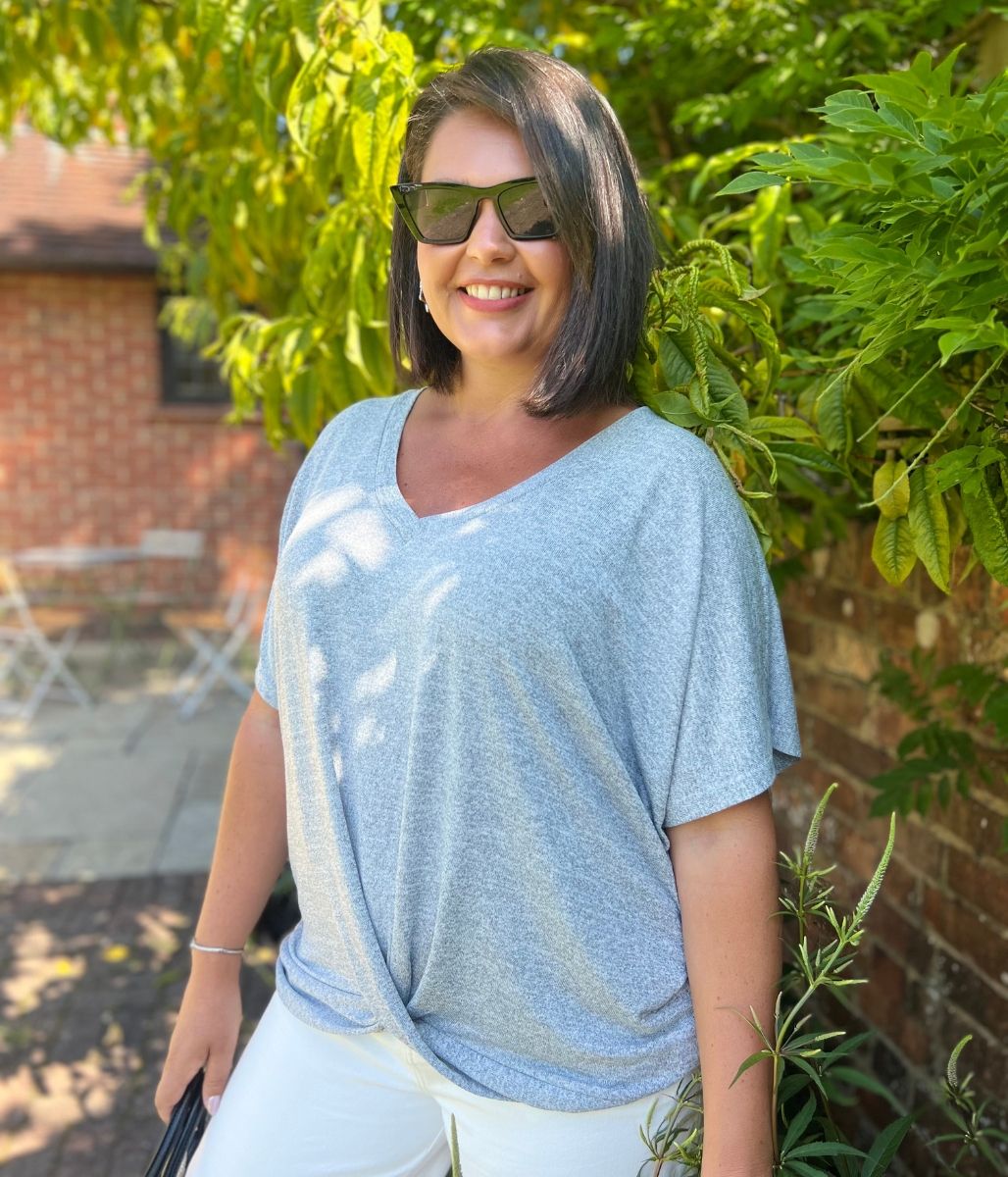 Grey V Neck Twist Front Top