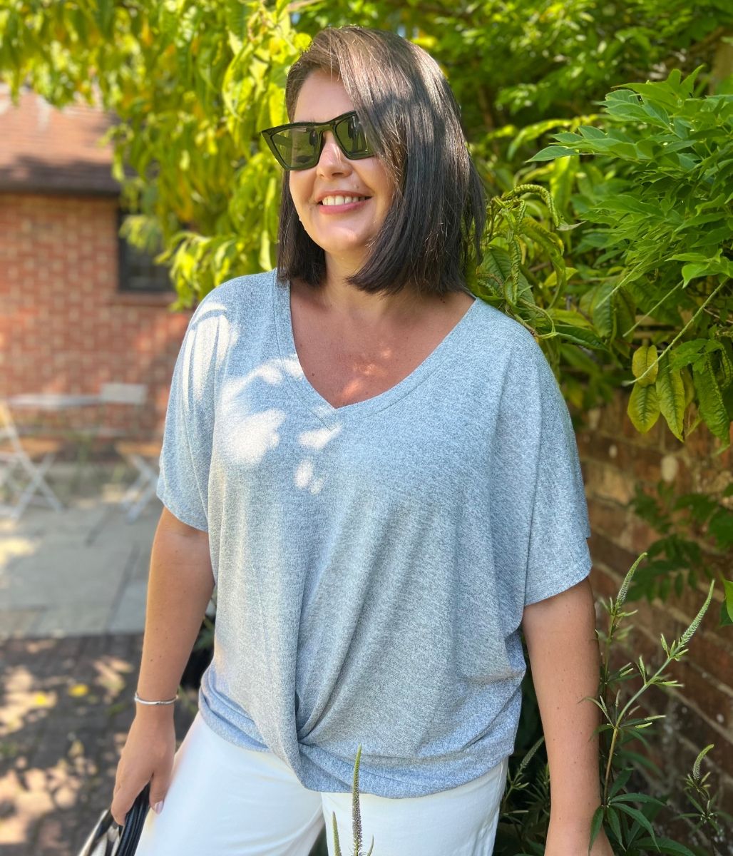 Grey V Neck Twist Front Top