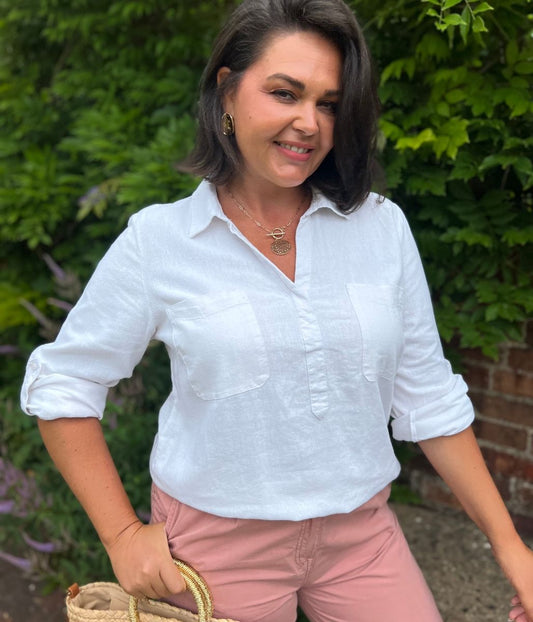 Ivory Linen Blend Pop Over Shirt