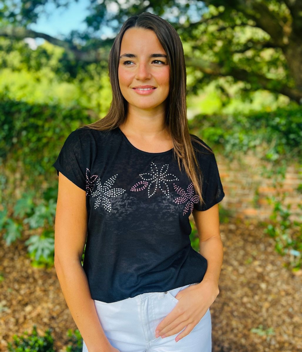 Black Sequin Flower Burnout Top