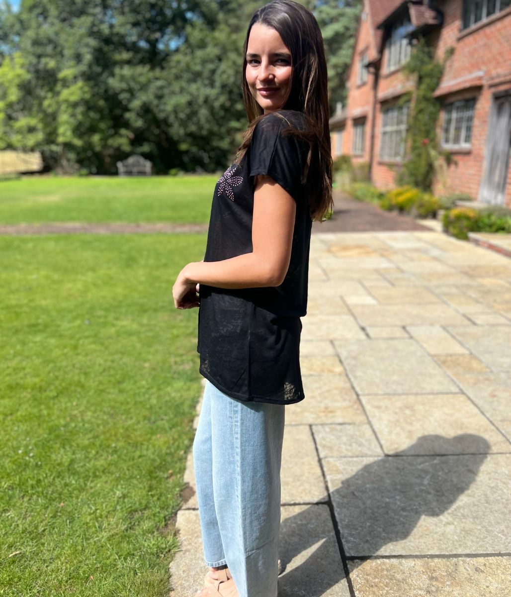 Black Sequin Flower Burnout Top