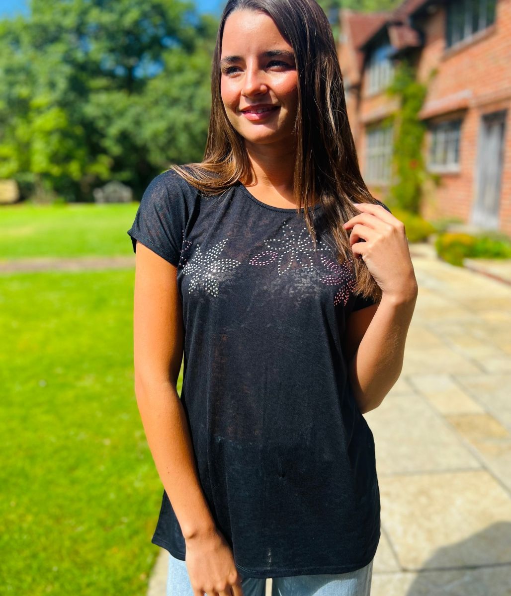 Black Sequin Flower Burnout Top
