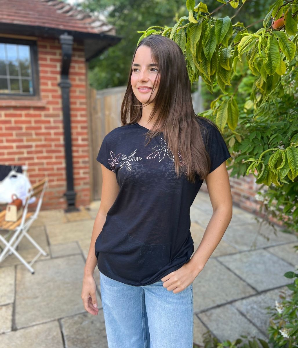 Black Sequin Flower Burnout Top