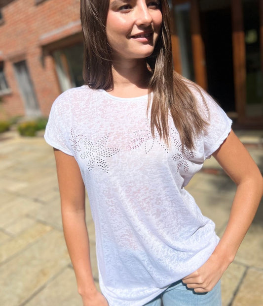 White Sequin Flower Burnout Top