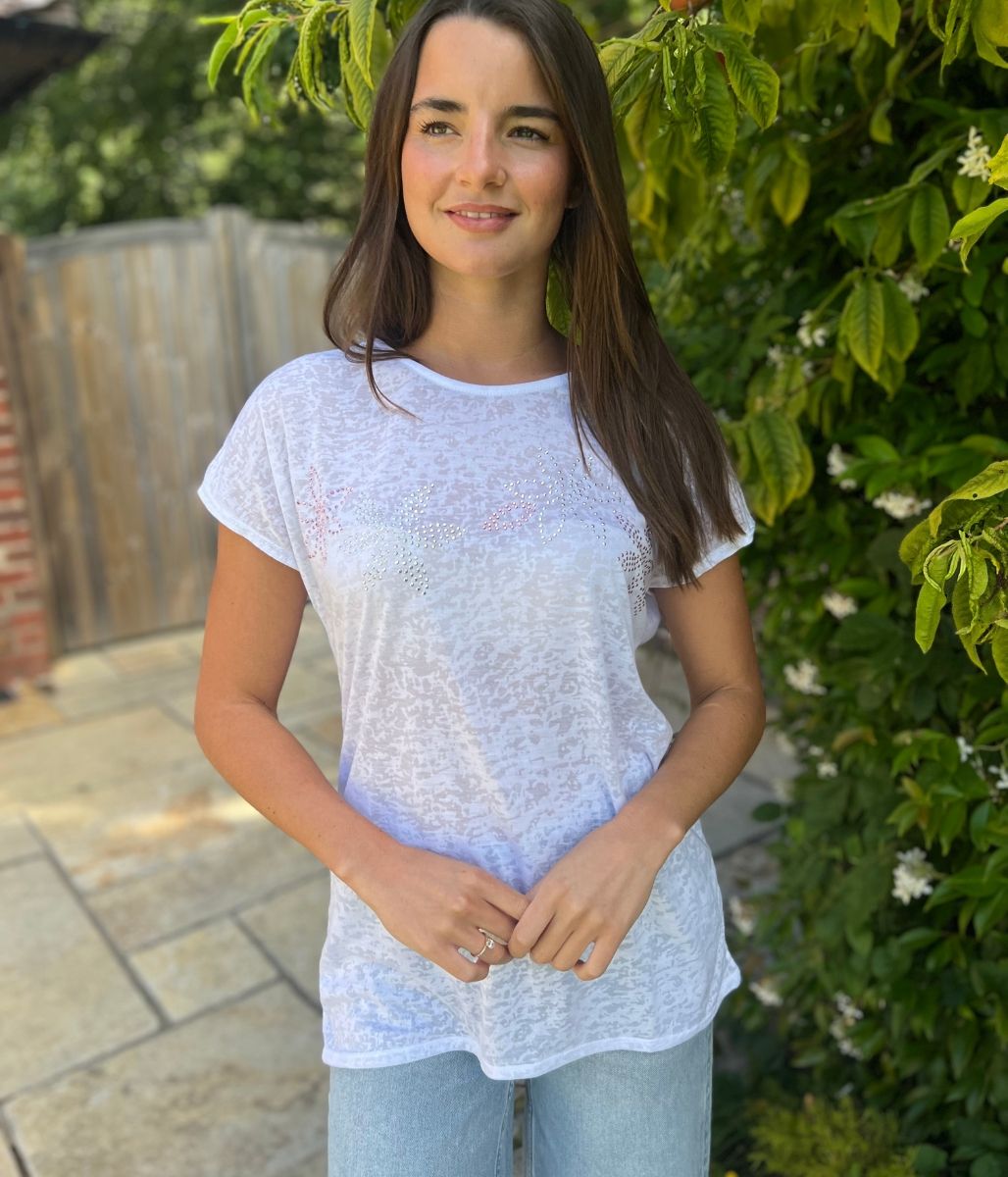 White Sequin Flower Burnout Top