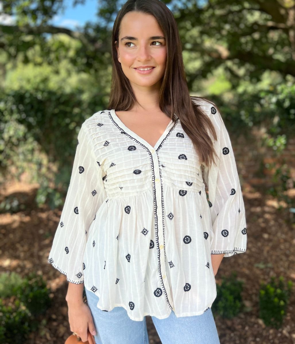 Ivory Boho Embroidered Detail Blouse
