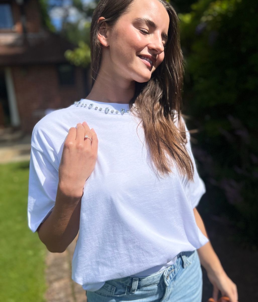 White Embellished Collar Relaxed T Shirt