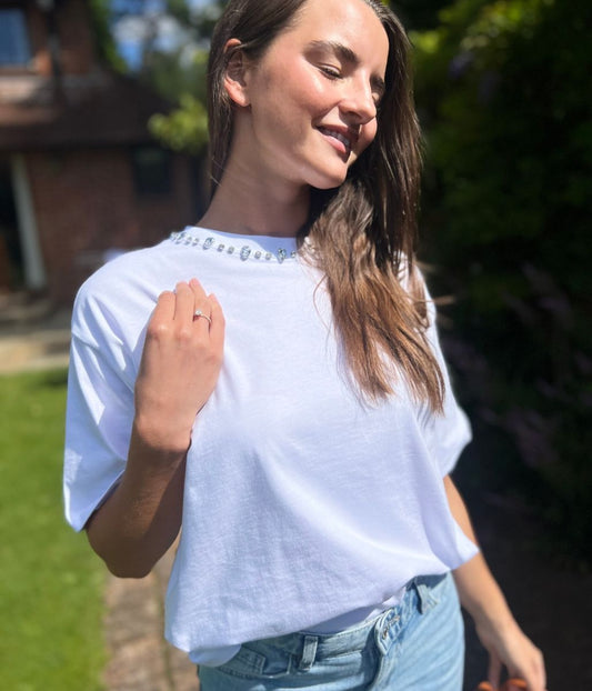 White Embellished Collar Relaxed T Shirt
