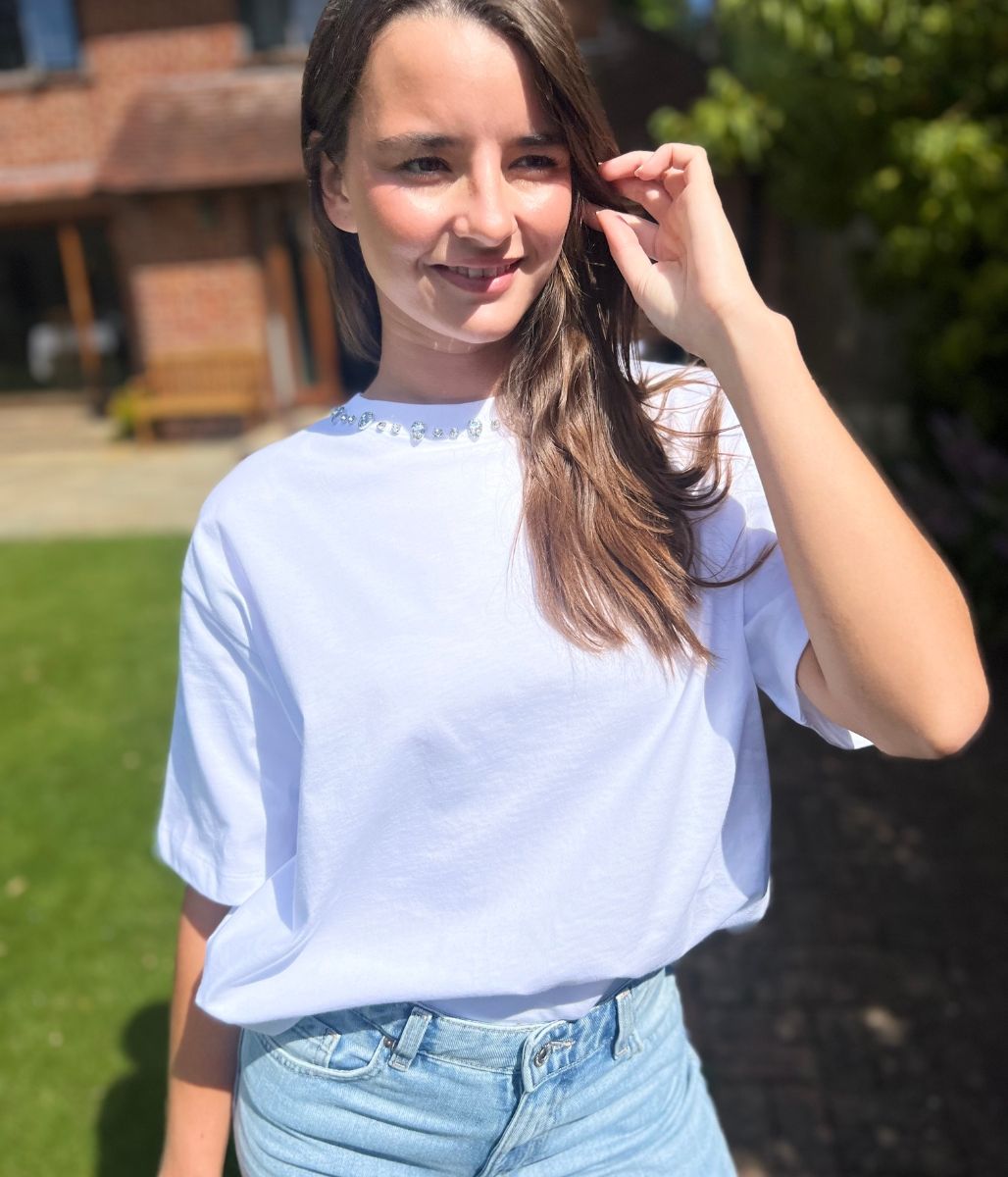 White Embellished Collar Relaxed T Shirt