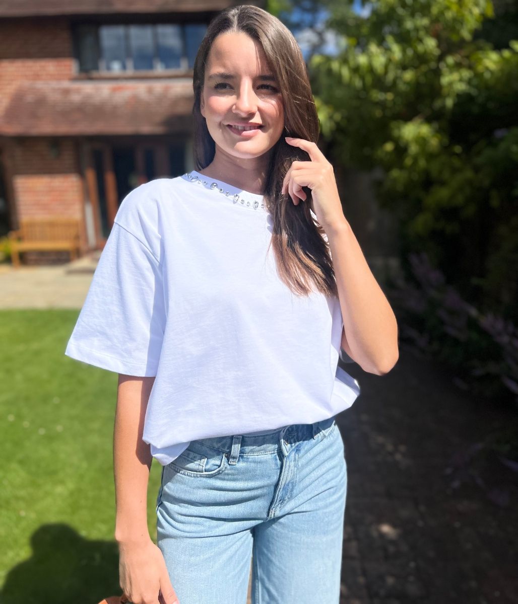 White Embellished Collar Relaxed T Shirt