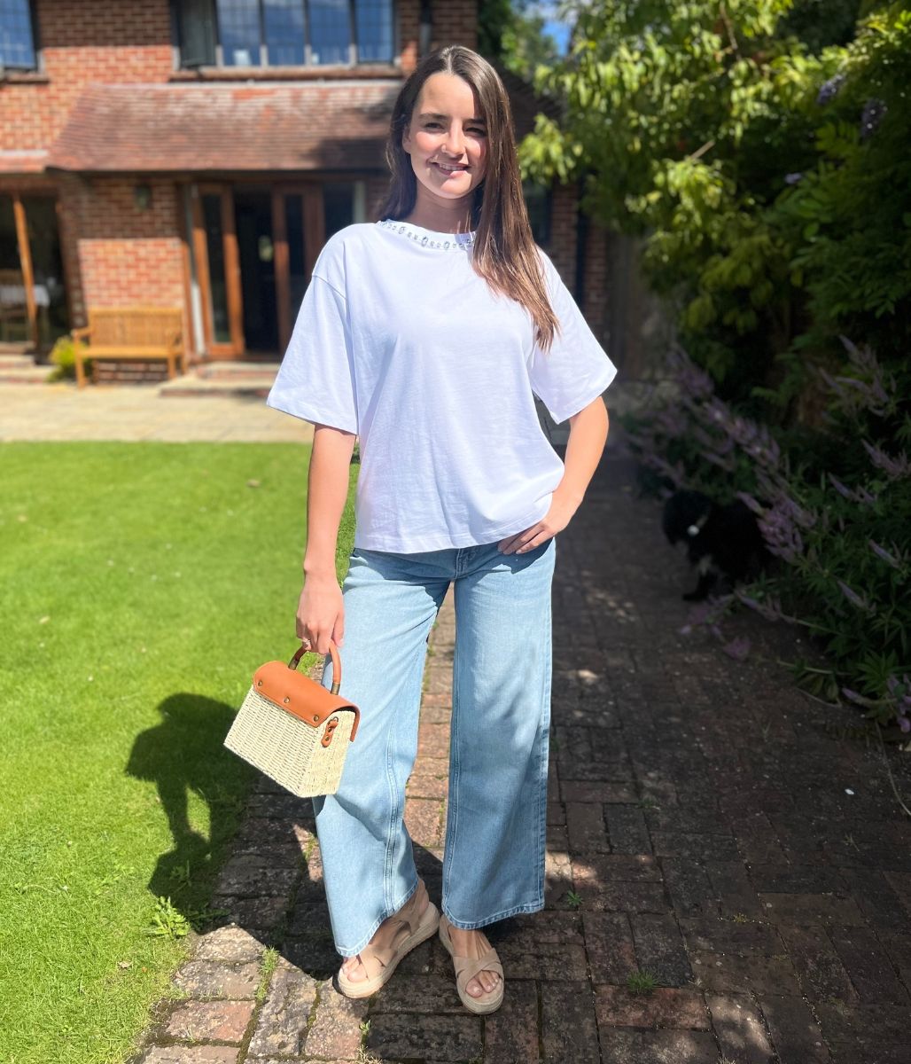 White Embellished Collar Relaxed T Shirt