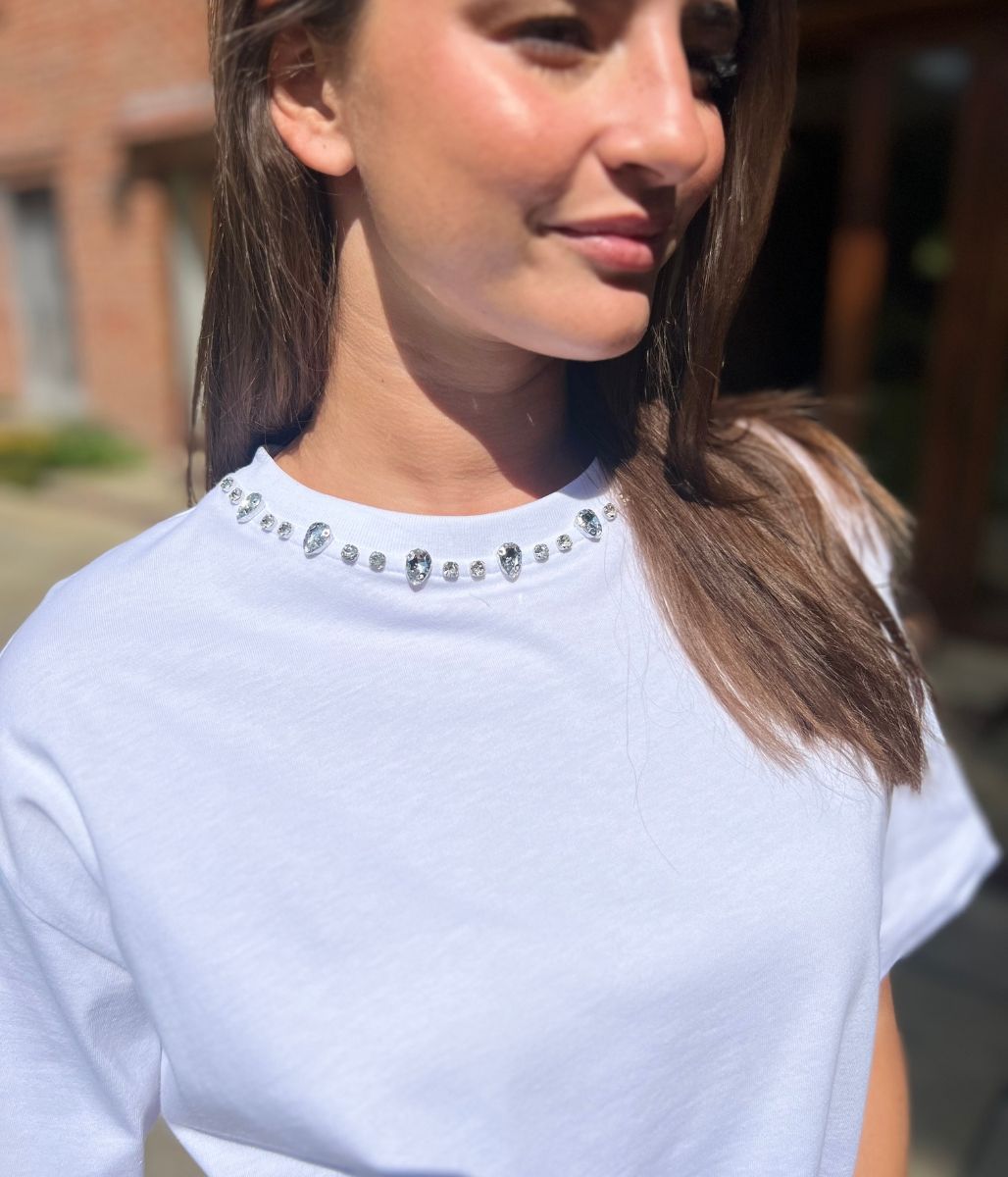 White Embellished Collar Relaxed T Shirt
