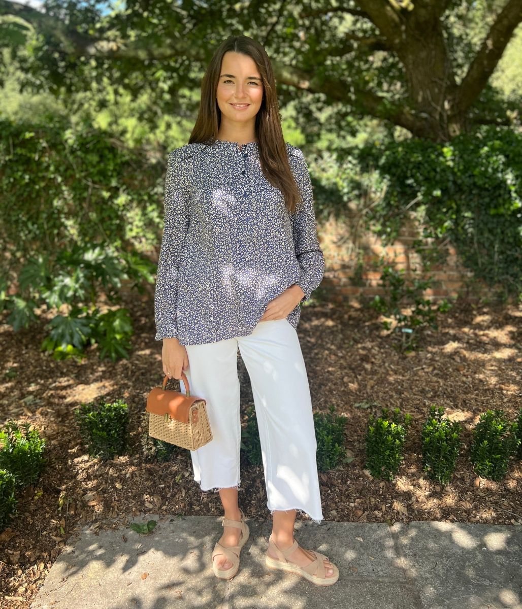 Navy Floral Print Popover Blouse