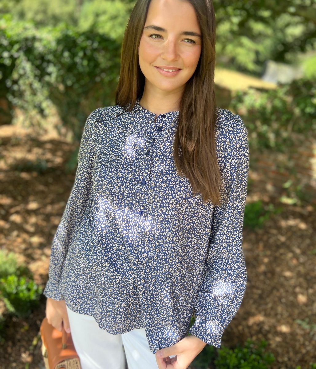 Navy Floral Print Popover Blouse
