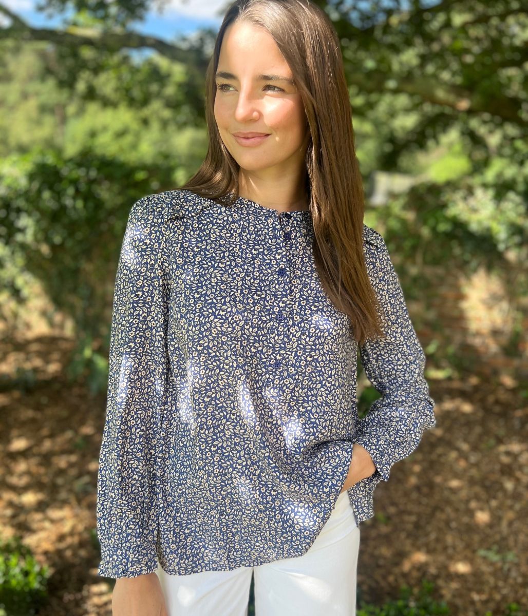 Navy Floral Print Popover Blouse