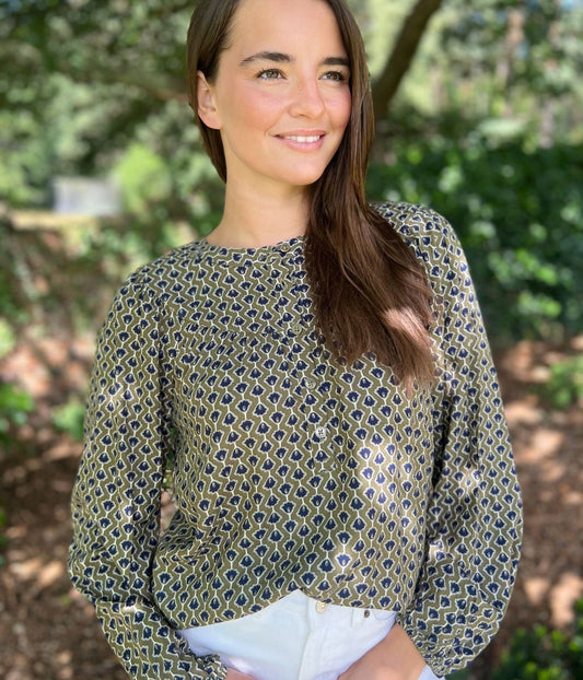 Green Printed Popover Blouse