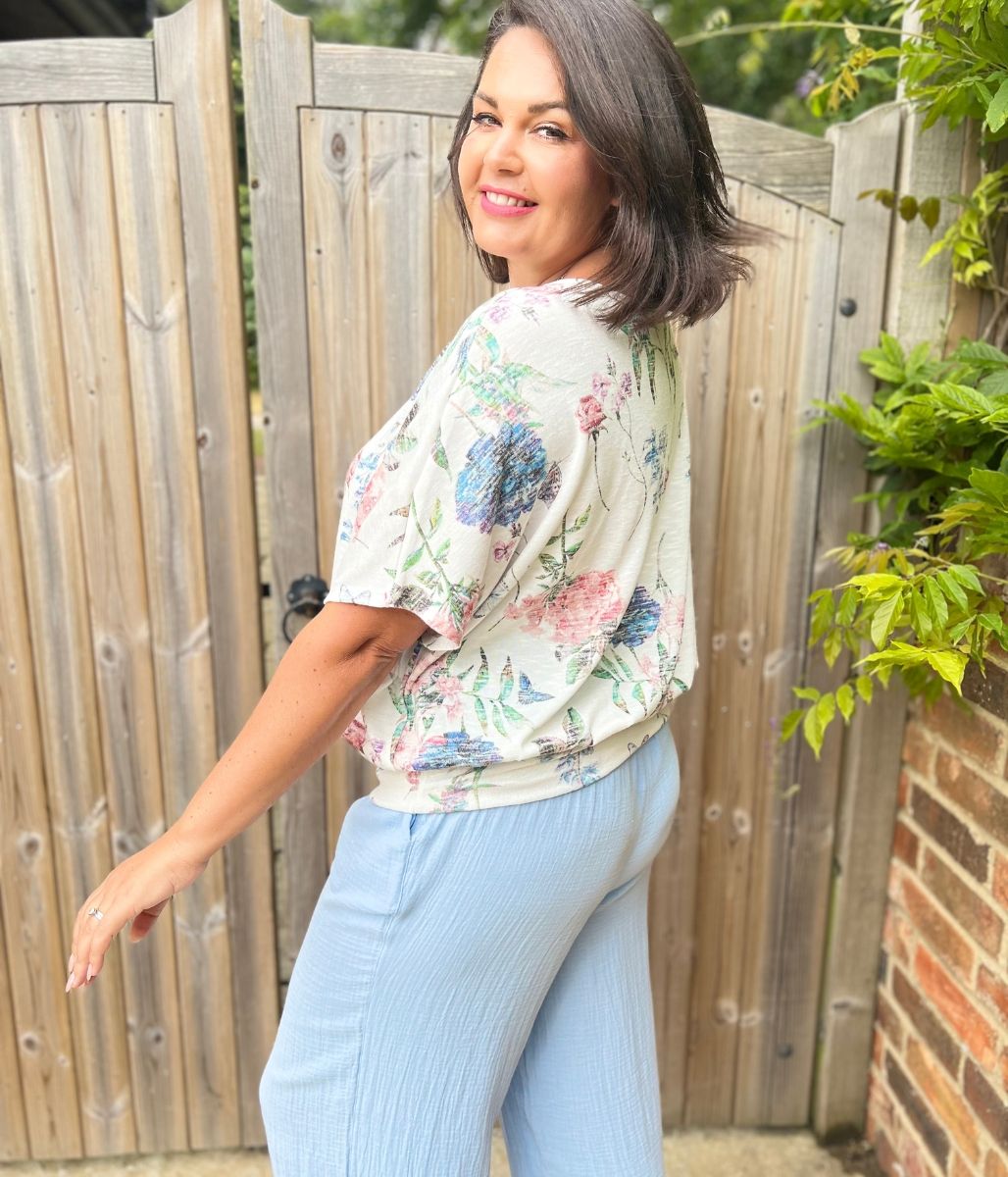 Ivory Floral Banded Hem Top