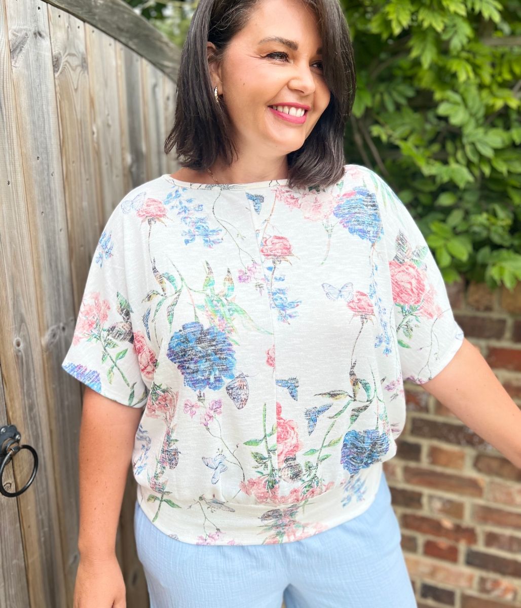 Ivory Floral Banded Hem Top