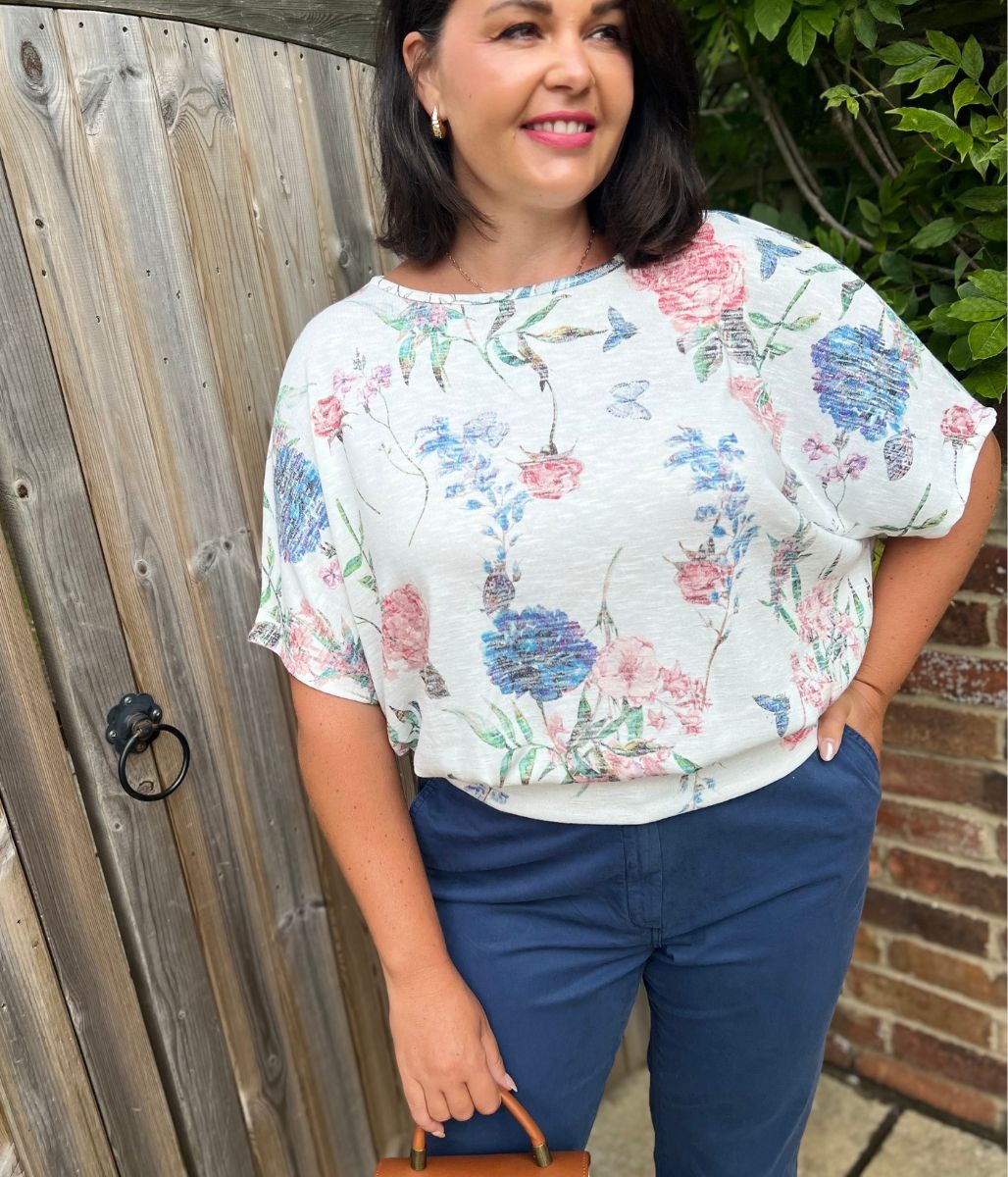 Ivory Floral Banded Hem Top