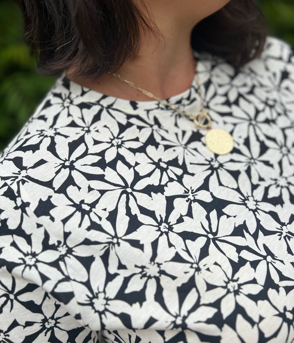 Black Flower Print Straight Fit Cotton Tee