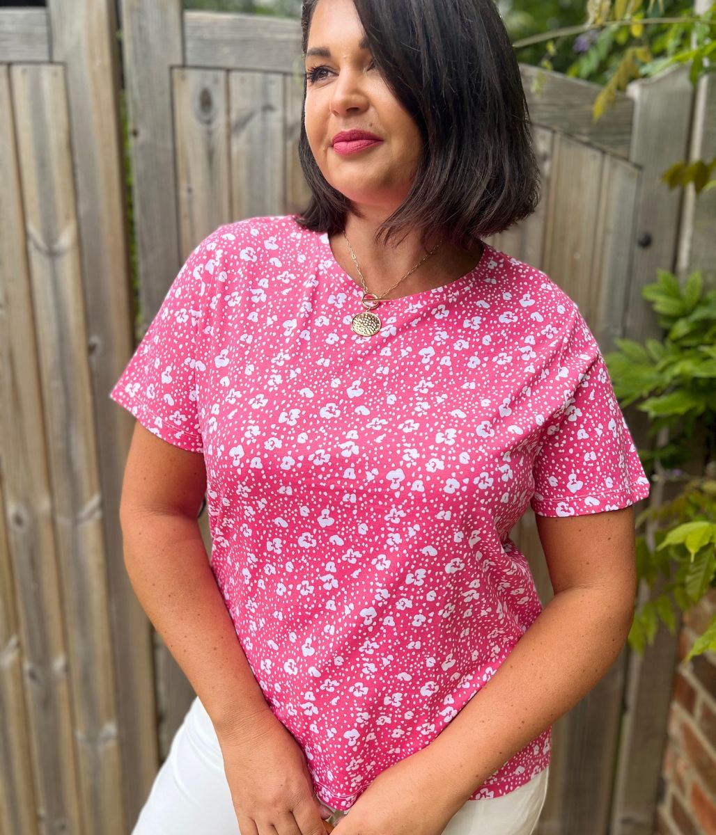 Pink Flower Print Straight Fit Cotton Tee