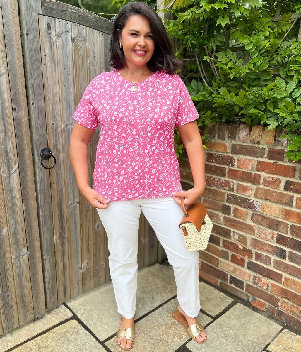 Pink Flower Print Straight Fit Cotton Tee