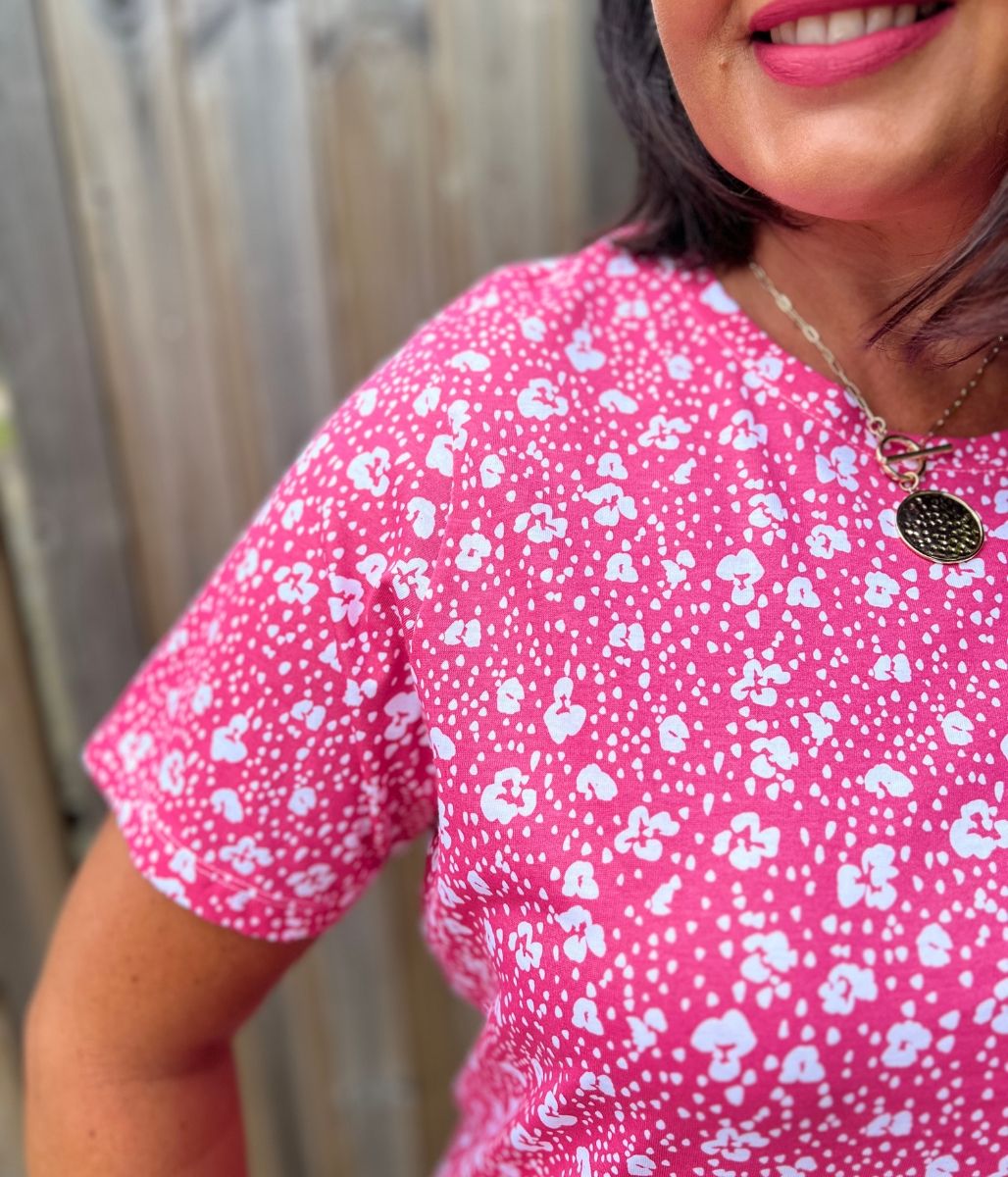 Pink Flower Print Straight Fit Cotton Tee