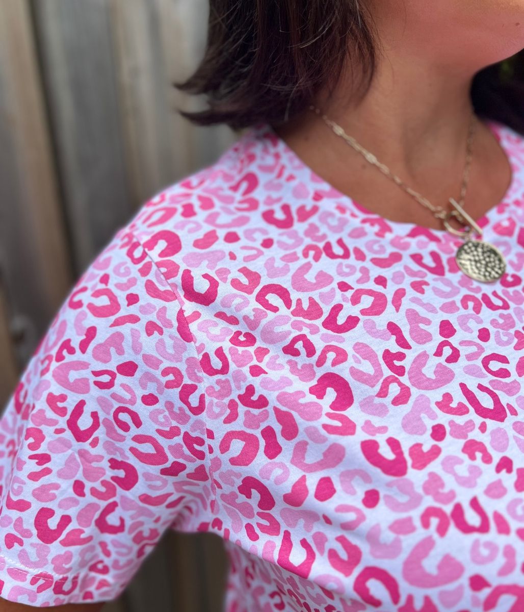 Pink Animal Print Straight Fit Cotton Tee