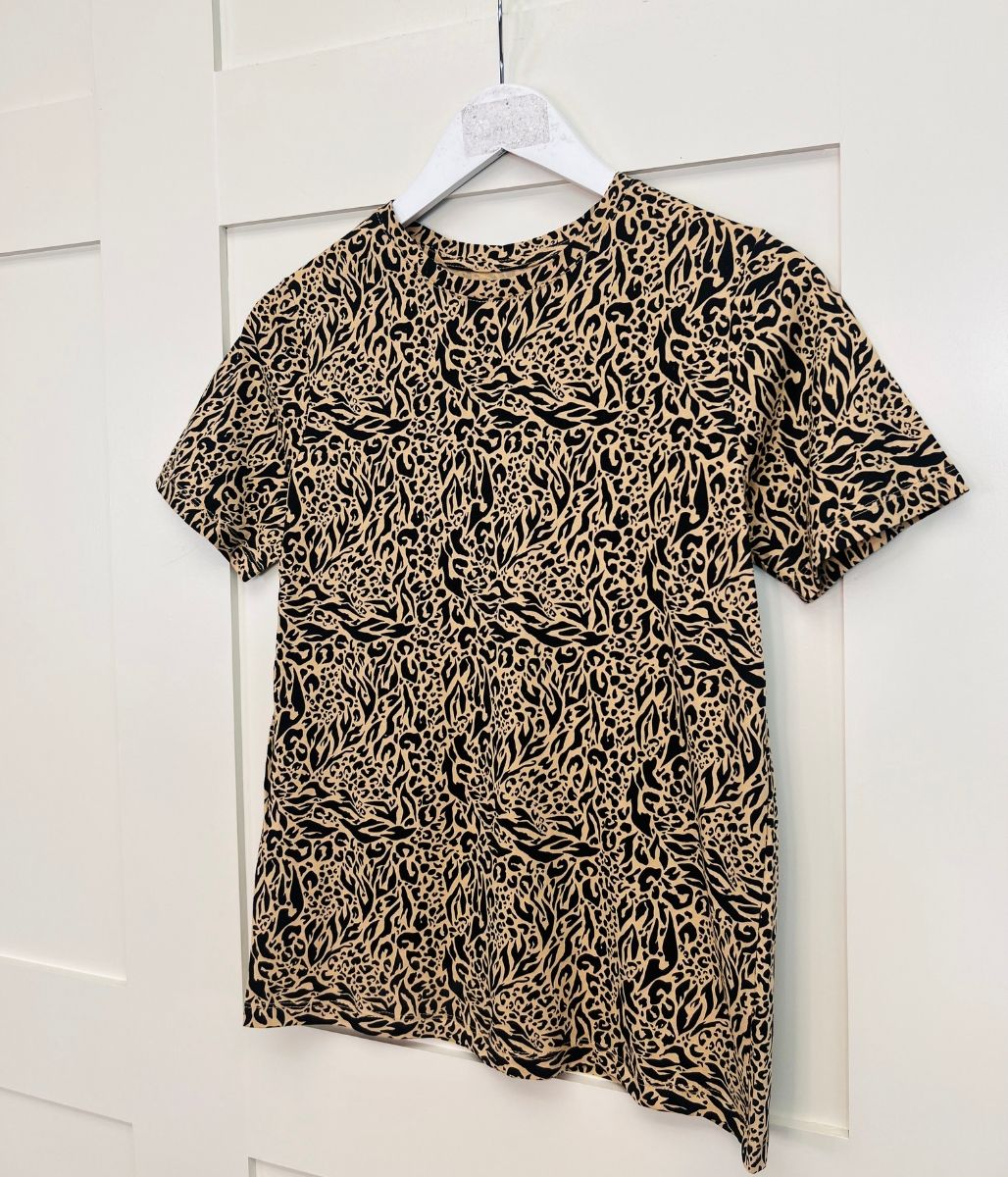 Beige Animal Print Straight Fit Cotton Tee