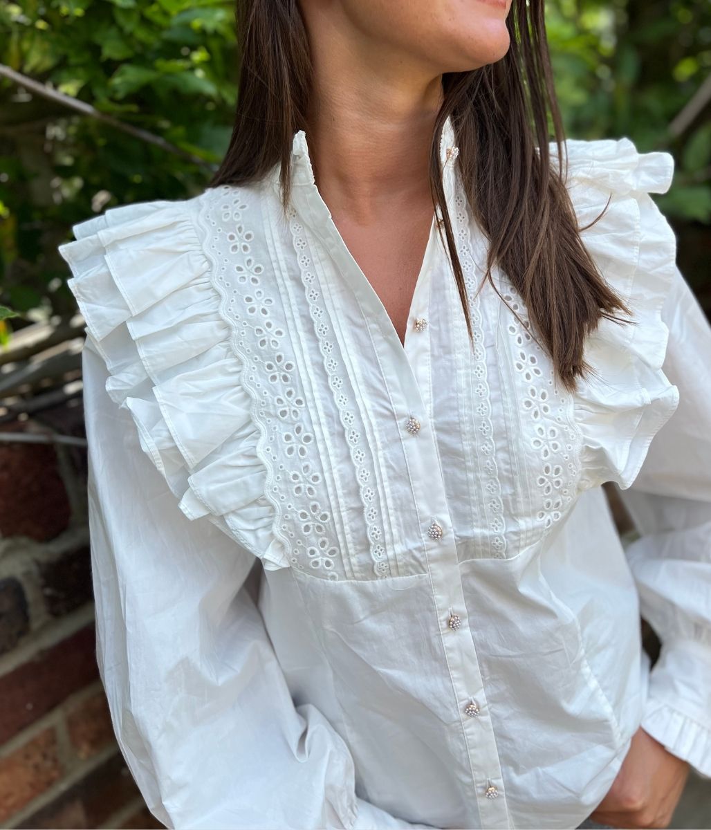 White Ruffle Broderie Puff Sleeve Blouse