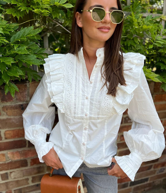 White Ruffle Broderie Puff Sleeve Blouse