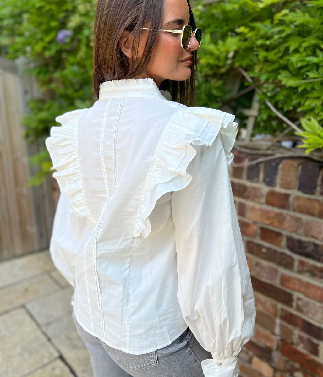 White Ruffle Broderie Puff Sleeve Blouse