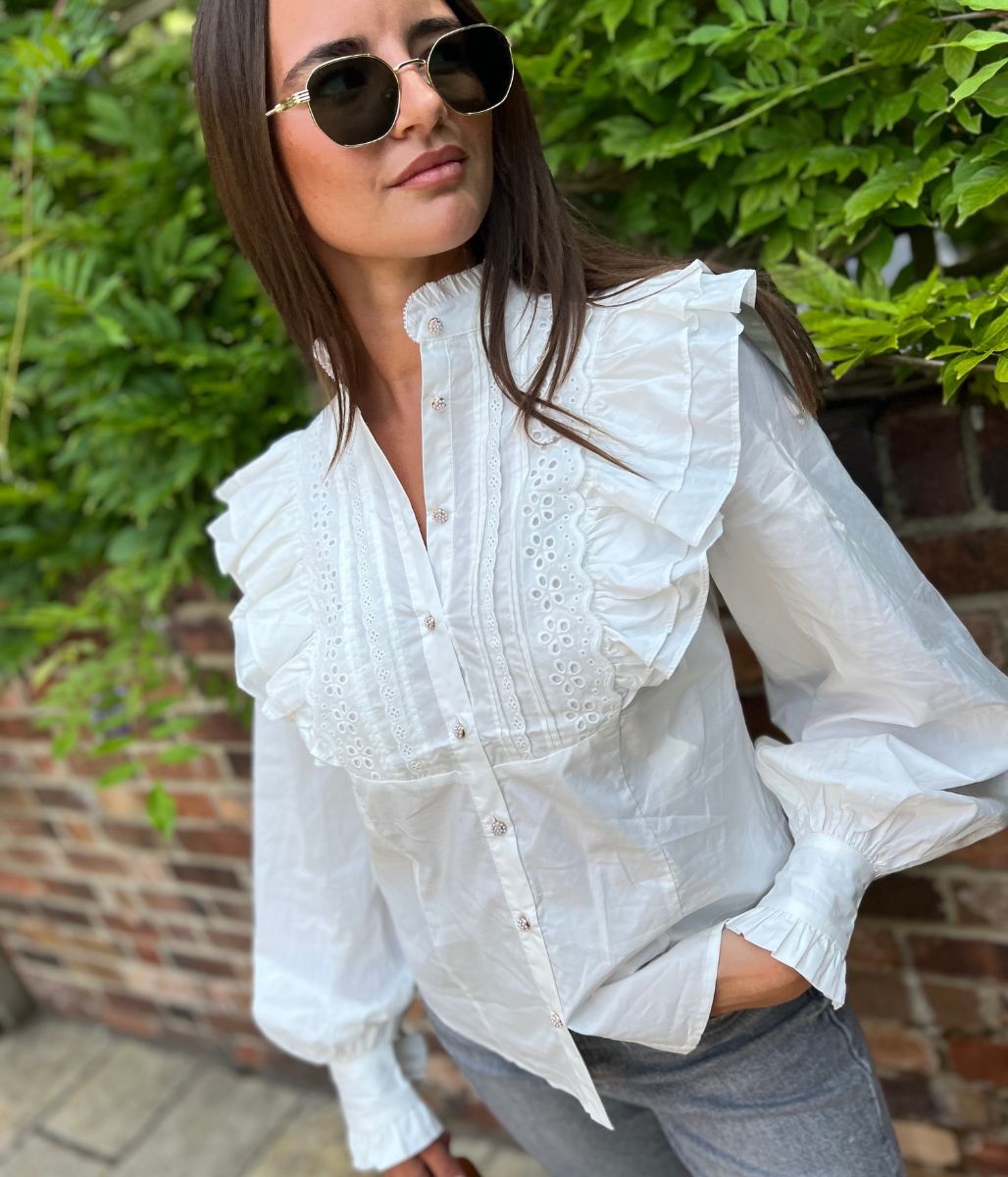 White Ruffle Broderie Puff Sleeve Blouse