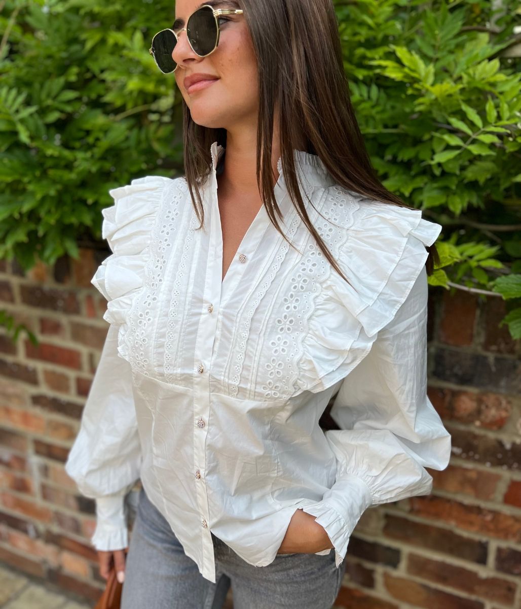 White Ruffle Broderie Puff Sleeve Blouse