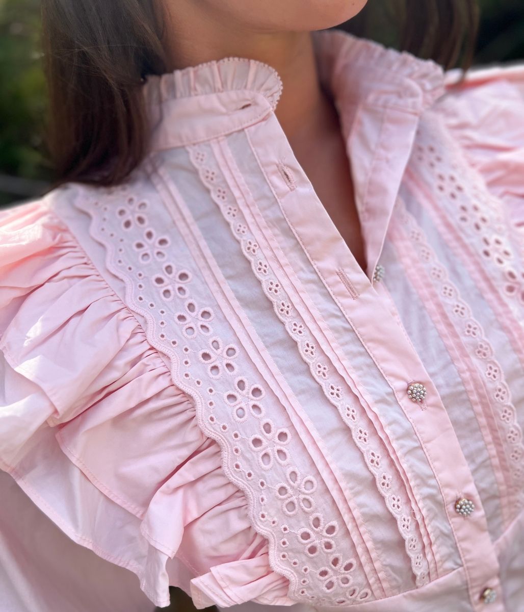 Pink Ruffle Broderie Puff Sleeve Blouse