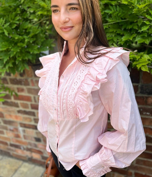 Pink Ruffle Broderie Puff Sleeve Blouse