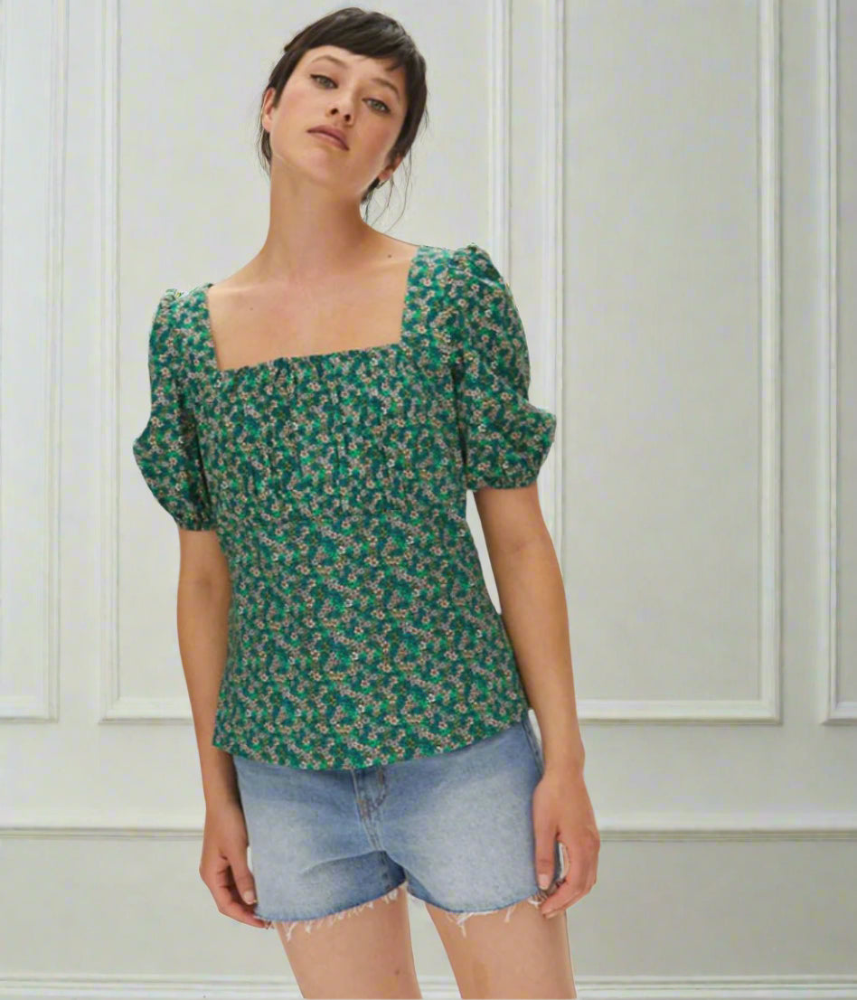 Micro Ditsy Floral Print Green Blouse