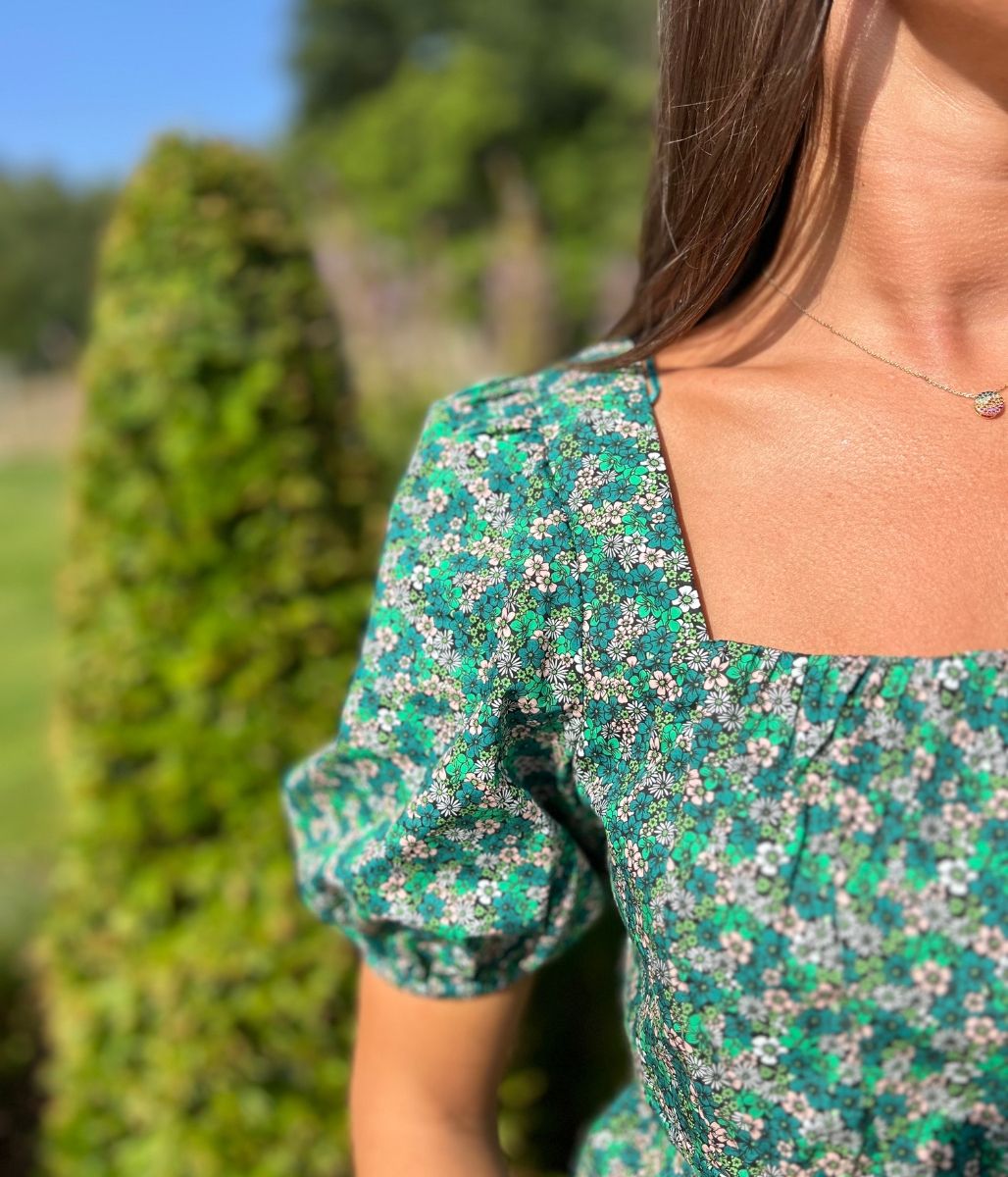 Micro Ditsy Floral Print Green Blouse