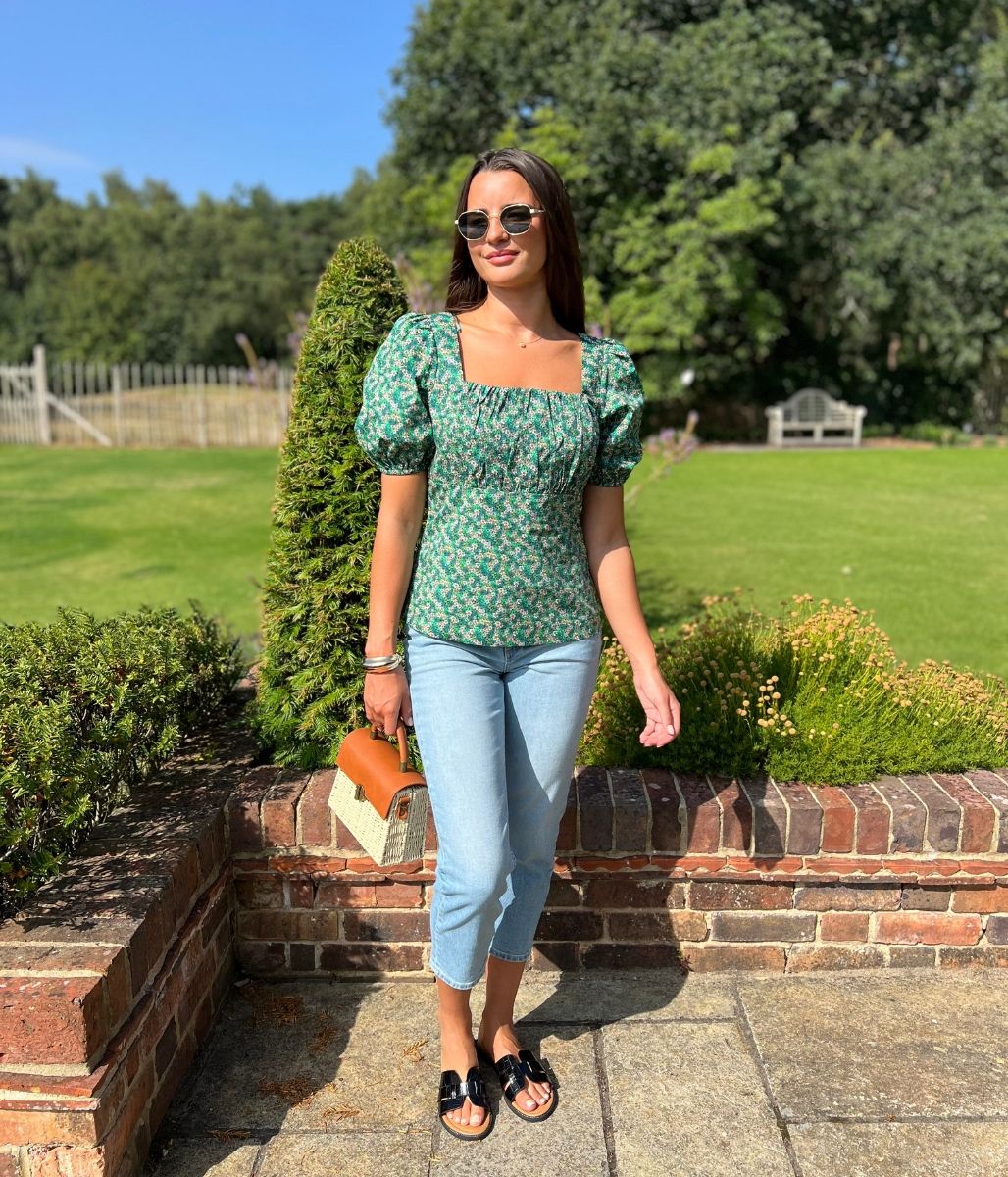 Micro Ditsy Floral Print Green Blouse